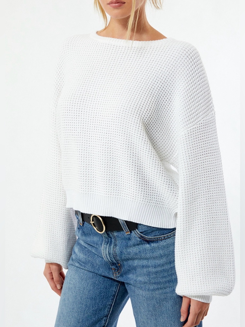 Rhythm relaxed fit white crewneck knit sweater with textured waffle-stitch sz.S